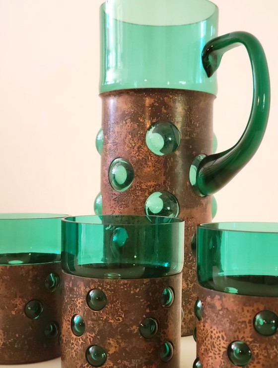 Vintage Brutalist drank set van groen glas en gepatineerd koper – Glazen & Karaffen, Copper (photo 4 of 9)