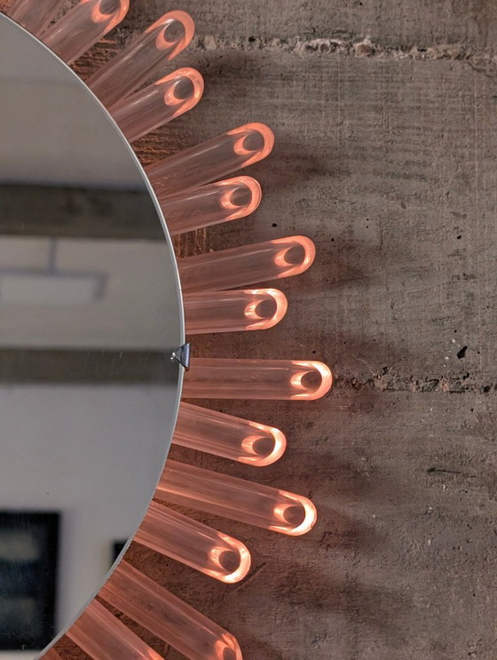 Image 1 of Mid-Century Modern Sunburst Mirror Wall Lamp in Lucite with Pink Glow, 1970s