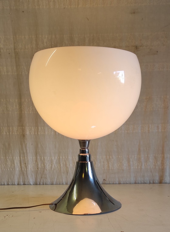 Image 1 of Designer table lamp in chromed metal and white globe - mid-20th century