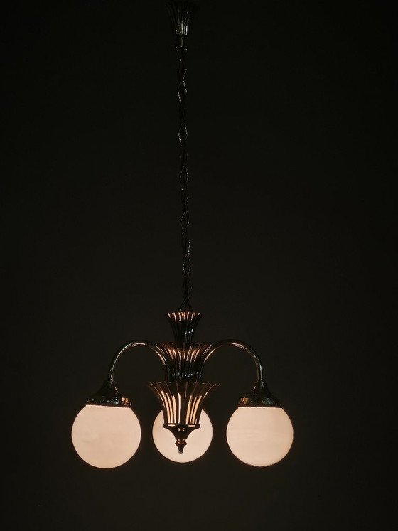 1930s Czechoslovak Art Deco Brass And Opaline Glass Chandelier (photo 4 of 14)