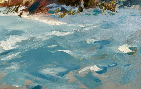 Image 1 of Origineel olieverfschilderij: Winterhuislandschap, prachtige winterochtend