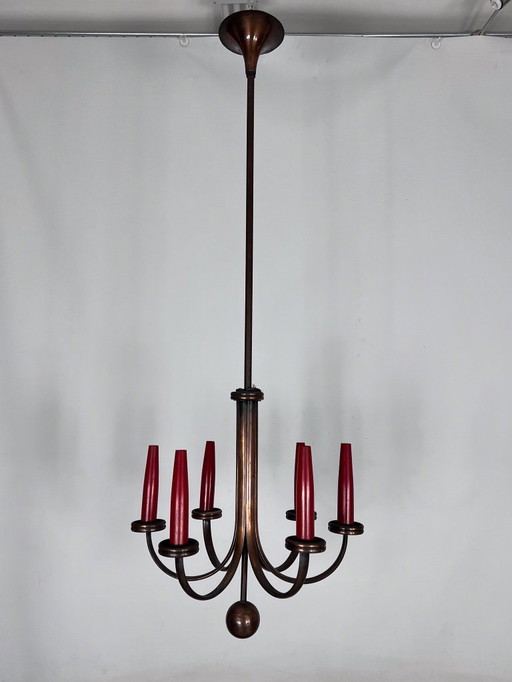 Lustre moderne du milieu du XXe siècle en cuivre, à six bras, de style Gio Ponti. Italie, années 1950.