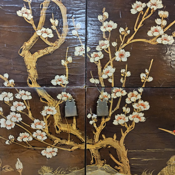 Image 1 of Vintage Chinese cabinet birds & flowers, red & gold (bohemian) Asian cabinet