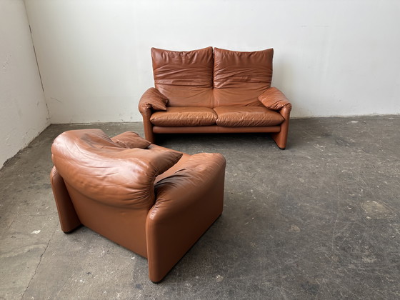 Image 1 of Cassina Maralunga Set Sofa Armchair Cognac Leather Vintage