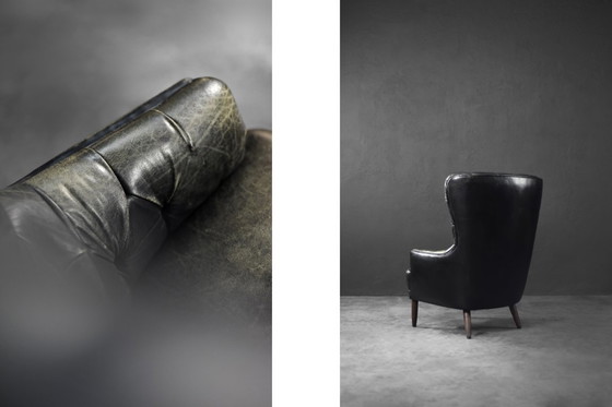 Image 1 of Vintage Mid Century Deense Moderne Gequilte Zwart Leren Wing Stoel, 1960