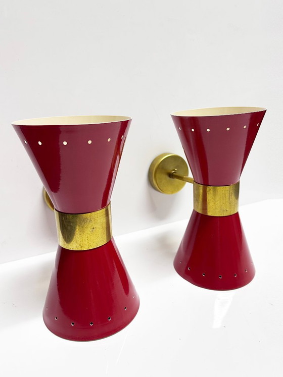 Pair of Italian diabolo design 1950 Wall lights, Metal, Brass, Red, Mid Century Modern (photo 2 of 14)