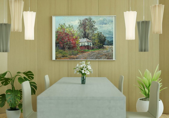 Original Ölgemälde Landschaft Landhaus Herbst im Dorf Guta – Gemälde & Zeichnungen, Canvas (photo 3 of 8)