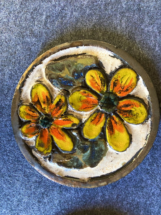 Image 1 of Set di 3 decorazioni murali in ceramica, fiori murali, vintage anni '70 Jan van Erp