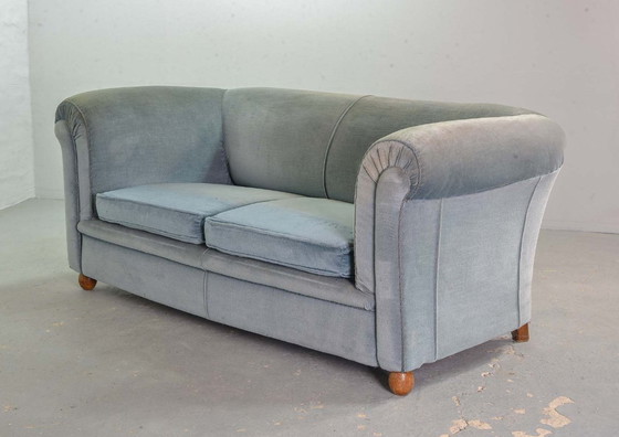 Image 1 of Chesterfield Style Duotone Two-Seat Victorian Sofa in Frosted Blue and Moss Green Velvet, 1950s.