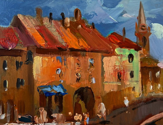Image 1 of Original Oil Painting Street River Landscape City Central Bridge