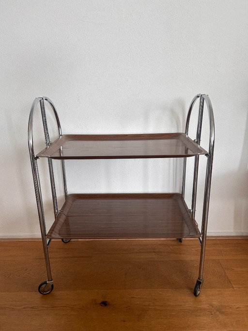 Bremshey "Dinett" Klappbarer Servierwagen / Barwagen aus Chrom & Holzmaserung (1970er)