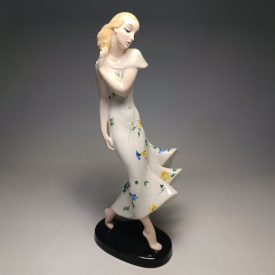 Goldscheider - Claire Weiss - Skulptur, Art Deco Dame im langen Kleid - 28,5 cm - Porzellan (photo 12 of 35)