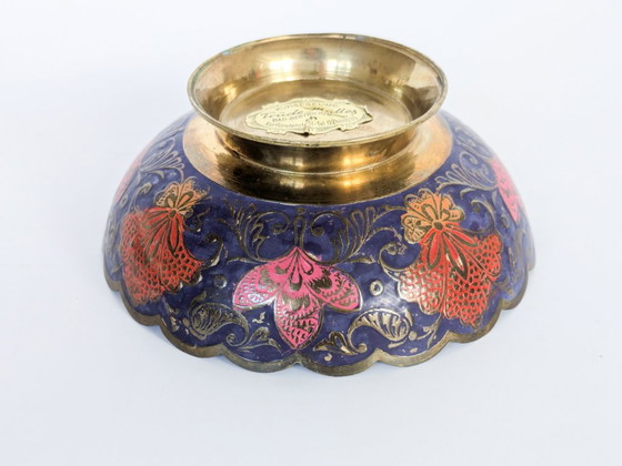 Vintage Brass Peacock Bowl, India Painted Enamel, Scalloped Footed Dish (photo 7 of 14)