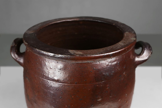 Image 1 of Maceta rústica grande de cerámica esmaltada marrón, firmada, Bélgica, siglo XIX