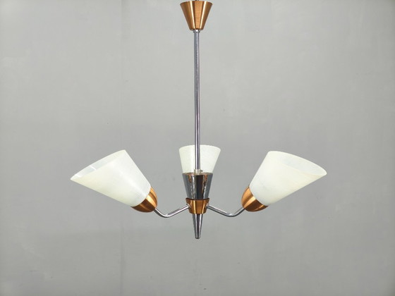 Image 1 of Mid-Century Pendant Light, Copper and Chrome, Czechoslovakia, 1970s