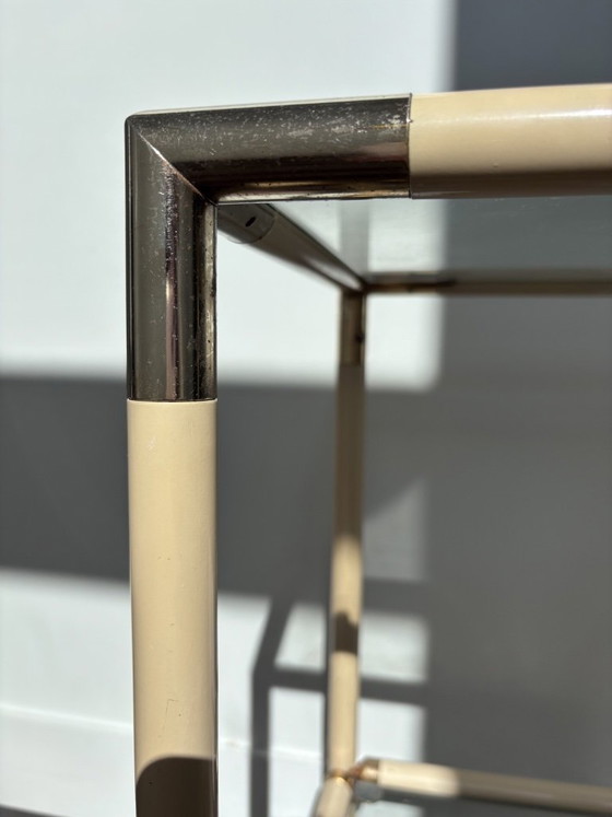 Image 1 of Vintage 1970s Italian Hollywood Regency Side Table by Banci Firenze – Cream & Brass Two-Tier Glass End Table