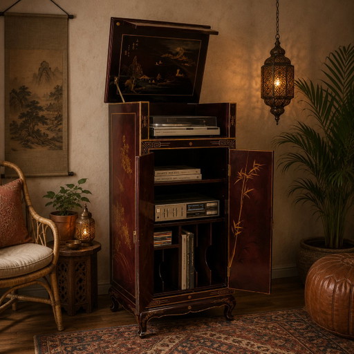 Mobile per giradischi cinese vintage / Mobile per vinili asiatico / Mobile per LP bohémien – opbergkast, Wood