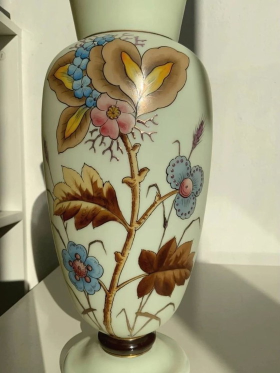 Image 1 of Antique Bohemian Art Nouveau Uranium Satin Glass Vase - Harrach - c. 1900