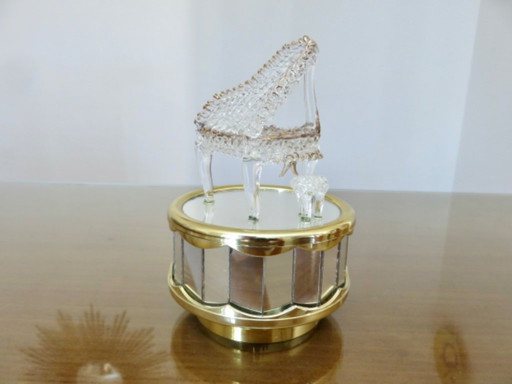 Boite à musique "piano" cinétique, miroir, cristal et métal doré, 80's