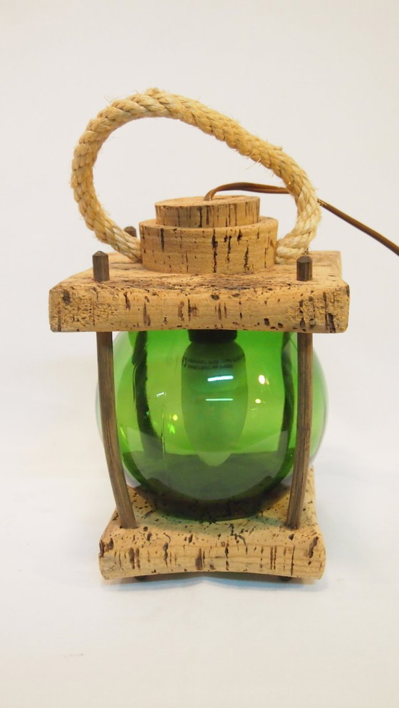 Image 1 of Franse Mid-Century Nautische Lantaarn Tafellamp, Mediterraan Kurk & Gerookt Glas, Jaren 60 Kustontwerp, Vintage Zeedecoratie