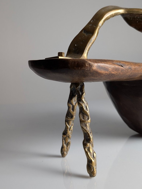 Image 1 of David Marshall, skulpturale Obstschale aus Bronze und Holz, Tischdekoration, 1970er Jahre