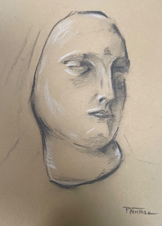 Image 1 of Signed painting charcoal drawing study female face for plaster studio