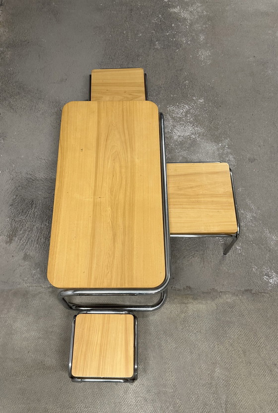 Image 1 of Set of 4 70s metal and solid oak nesting tables