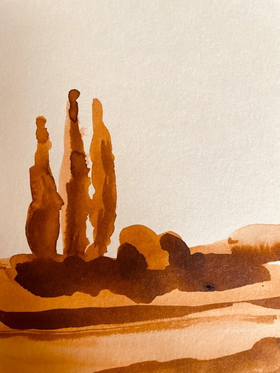 Image 1 of Monochrome watercolor signed in tobacco color, "umbrella pines on Mount Ventoux"