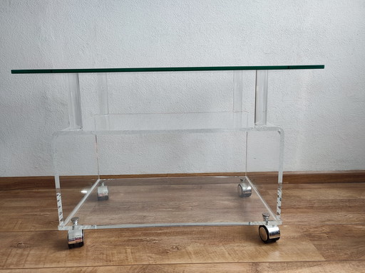 Chariot pour meuble TV en acrylique et plexiglas avec plateau en verre sur roulettes