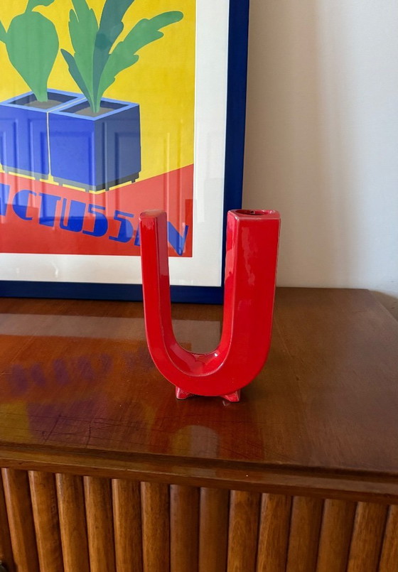 Image 1 of Jarrón solifleur de cerámica en forma de letra U roja de la era espacial, Marcel Radureau ca. 1970