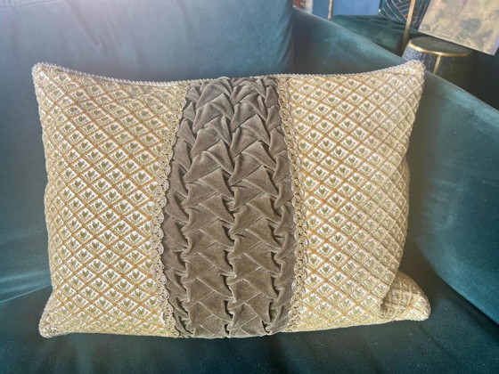 Image 1 of Mid Century large coussin de canapé ou coussin de parade en velours de brocart et velours vert/brun années 1960