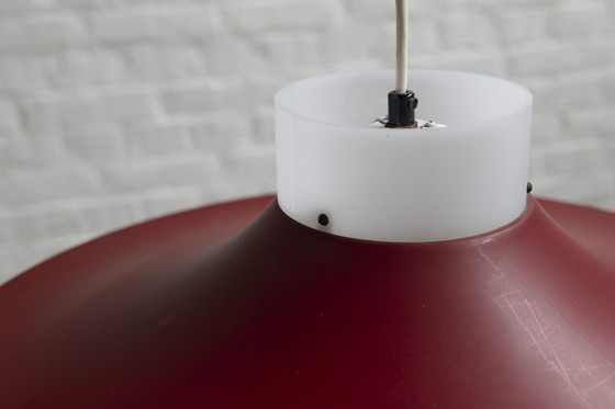 Image 1 of Deense rood metaal en opaal plastic hanglamp, 1960'S