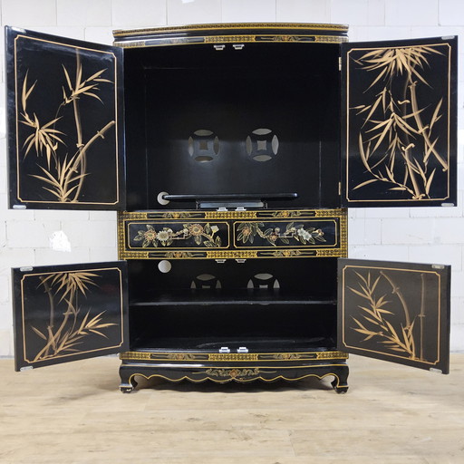 Meuble vintage chinois en laque noire, décor oiseaux et fleurs, style bohème/oriental