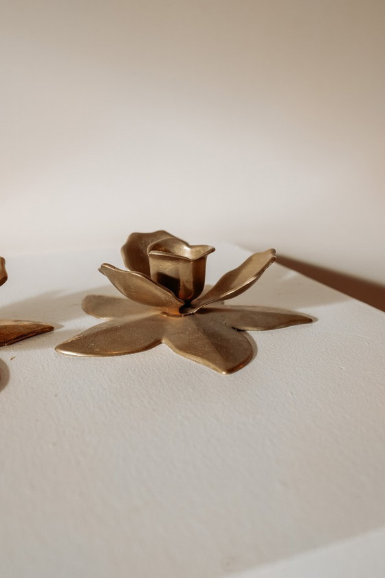 Image 1 of Set of 2 vintage brass flower candlesticks