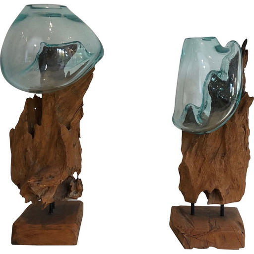 Pair of vintage wood and glass vases, France 1980