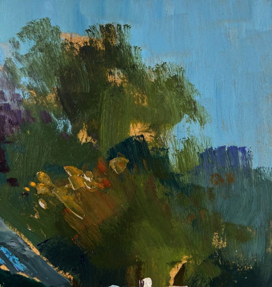 Image 1 of Original Oil Painting Summer Village Landscape Lonely house on the green of the hill