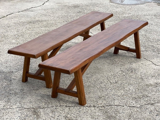 Pair of vintage solid wood benches from the 1960s