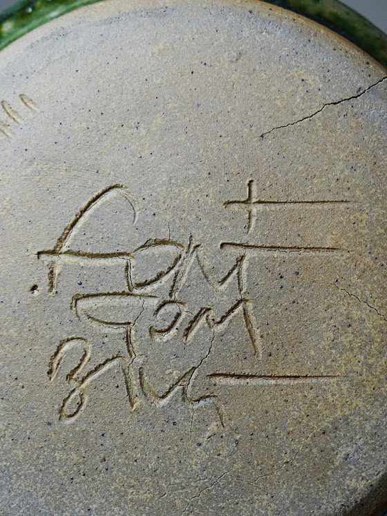 Image 1 of Saucière en grès émaillé Fontgombault, rouge et vert, vintage 1960-1970