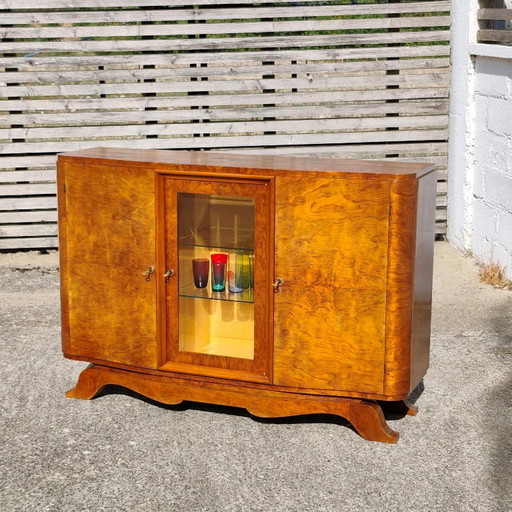 Art Deco Sideboard – Burrl Walnut Credenza with Glass Display - 1930s
