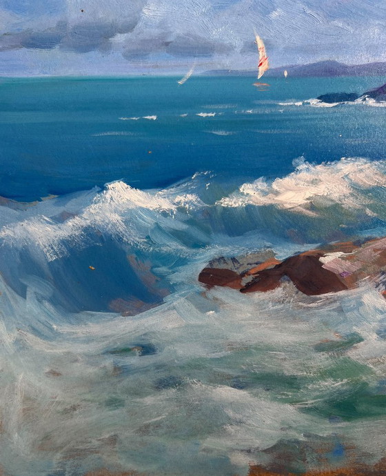 Image 1 of Pintura al óleo original Paisaje de rocas marinas Brisa marina en un día despejado