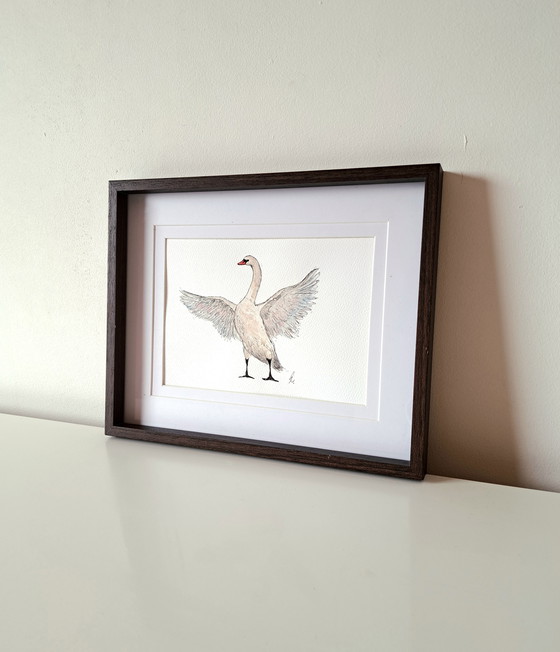 Image 1 of Watercolor painting Swan | Dark brown frame