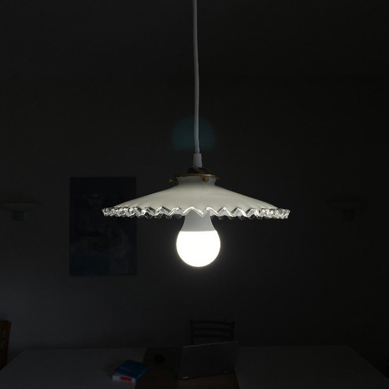 Image 1 of Vintage Pendant Light with White Opaline Glass Shade and Transparent Wavy Edge