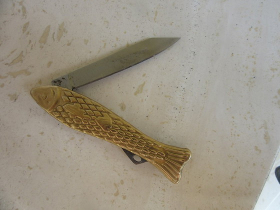 Image 1 of Gentlemen's Hardware zakmes, penmes, visvormig, messing, vintage