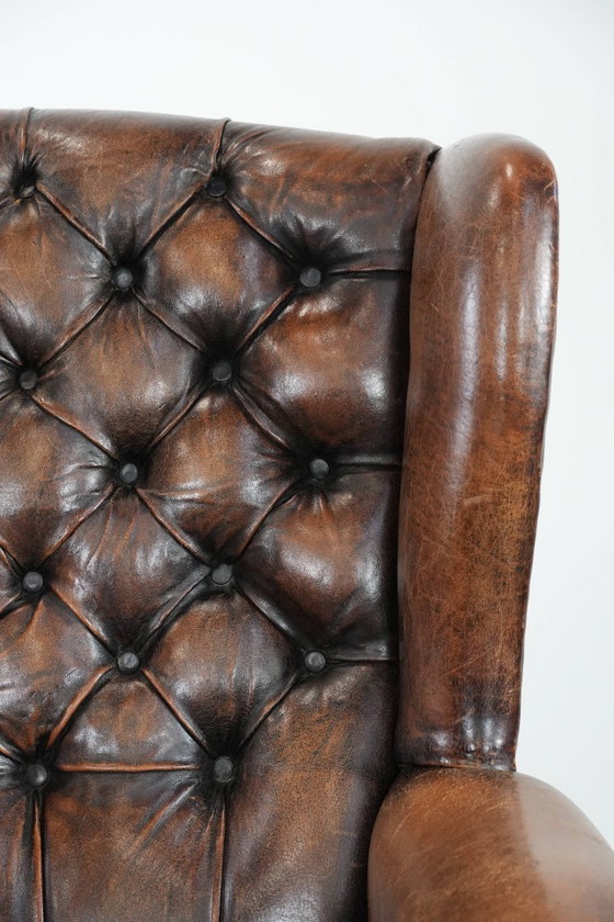 Image 1 of Unique large English-style sheepskin Chesterfield wing armchair