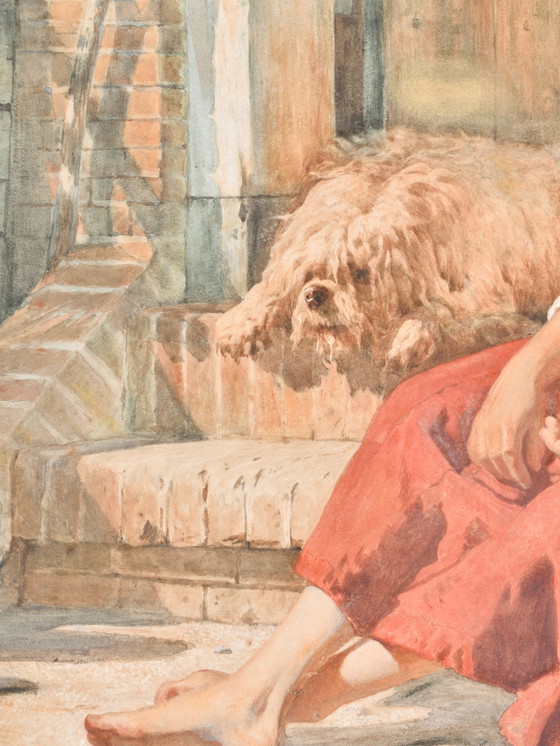 Image 1 of Bernard Blommers (1845-1914) - Moederhond en meisje spelen met puppies -  Aquarel - 75 x 94 cm - afmetingen aquarel 56 x 72 cm