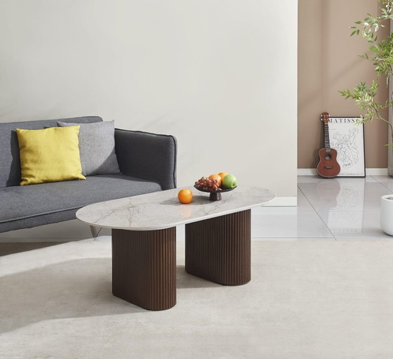 Image 1 of Tavolino da caffè di design ROXY - Ceramica grigio Shakespeare e gambe in noce - 120x60cm