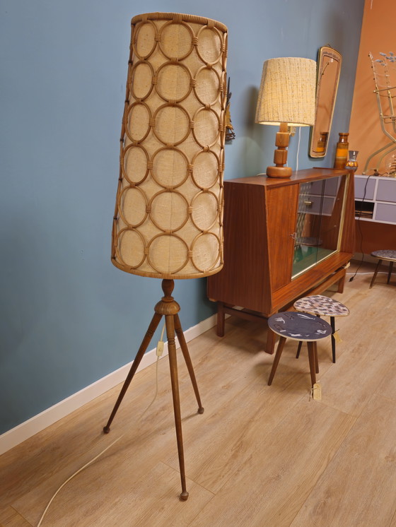 Image 1 of Vintage Vloerlamp Hout, Stof & Rotan Staande Lamp