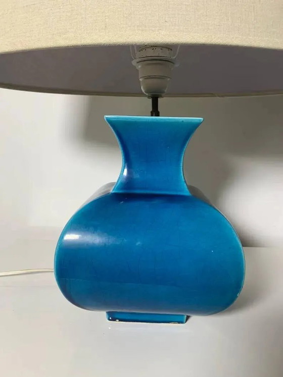 Vintage ceramic lamp Molin Charolles glazed turquoise blue - French 1970s, Table lamps, Porcelain (photo 5 of 8)