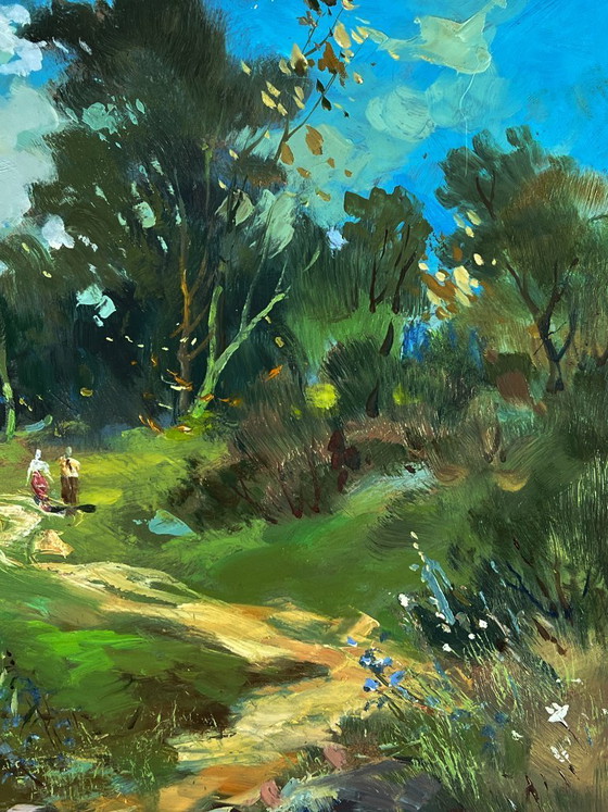 Image 1 of Pintura al óleo original: Paisaje rural, vida en un pueblo, día de verano en el bosque.