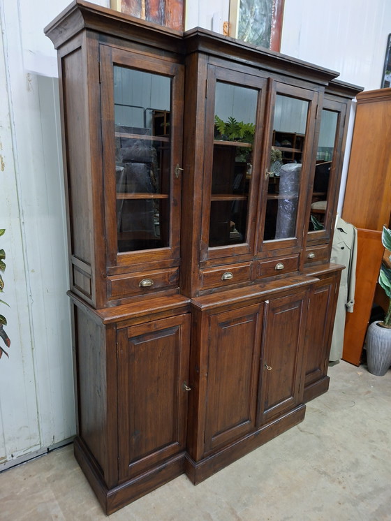 Image 1 of Vetrina, credenza e credenza in stile coloniale in teak, 183x57 cm e 220 cm di altezza.